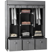 Dark Grey Fabric Wardrobe with 2 Hanging Rods, 5 Shelves & 3 Drawers - Strong Steel Frame & Dust-Proof Cover