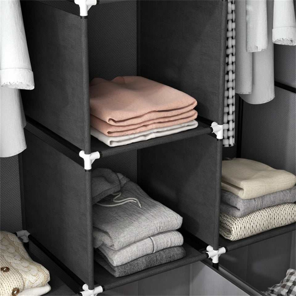 Dark Grey Fabric Wardrobe with 2 Hanging Rods, 5 Shelves & 3 Drawers - Strong Steel Frame & Dust-Proof Cover