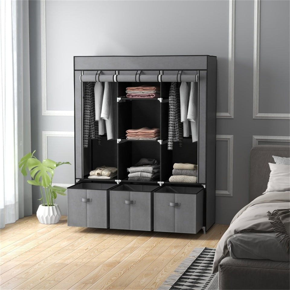 Dark Grey Fabric Wardrobe with 2 Hanging Rods, 5 Shelves & 3 Drawers - Strong Steel Frame & Dust-Proof Cover