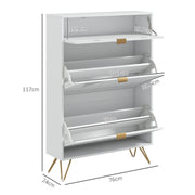 Narrow White Shoe Cabinet with 2 Flip Drawers and Top Drawer - Fits 12 Pairs - Modern Design with Gold & Silver Accents