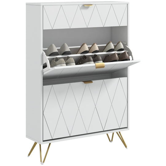 Narrow White Shoe Cabinet with 2 Flip Drawers and Top Drawer - Fits 12 Pairs - Modern Design with Gold & Silver Accents