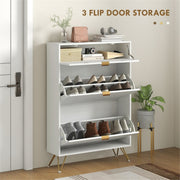 Narrow White Shoe Cabinet with 2 Flip Drawers and Top Drawer - Fits 12 Pairs - Modern Design with Gold & Silver Accents