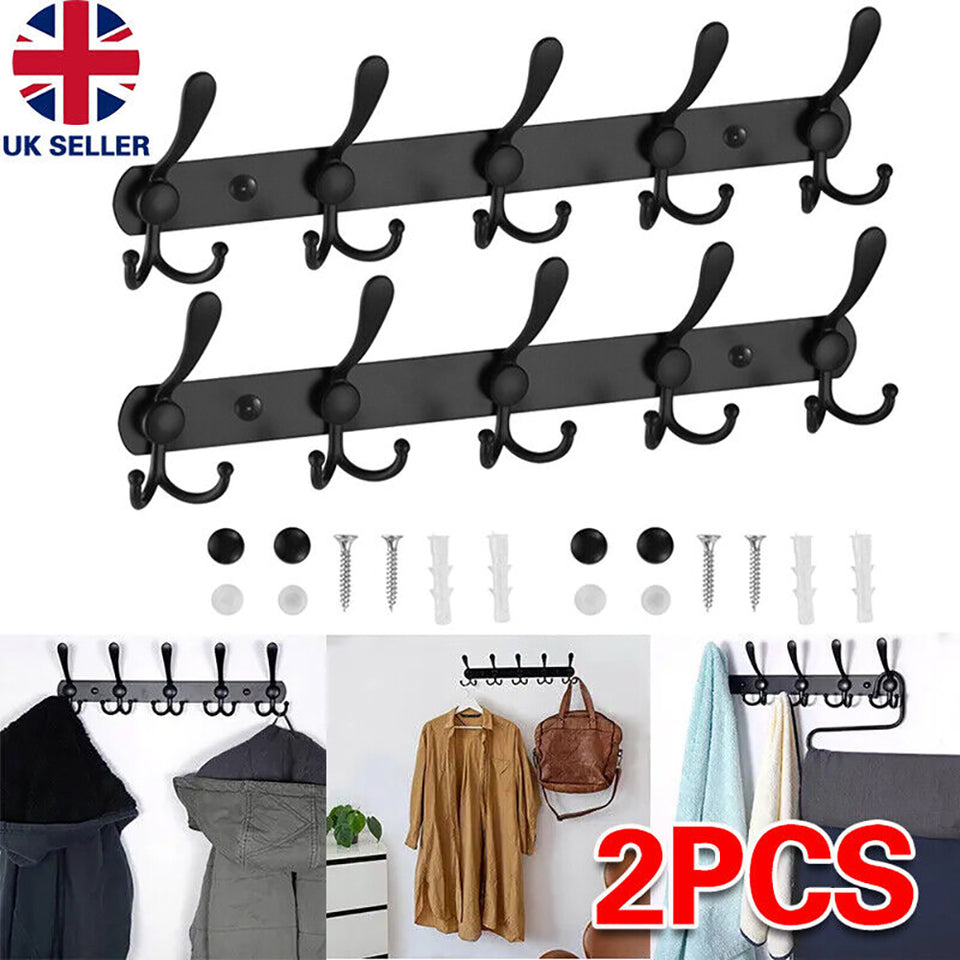 Wall Mounted Coat Hooks Rack - Stainless Steel with 5 Hooks, Door Hanger Rail for Coats, Hats, Towels – 2 Pack