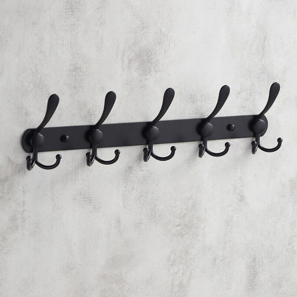 Wall Mounted Coat Hooks Rack - Stainless Steel with 5 Hooks, Door Hanger Rail for Coats, Hats, Towels – 2 Pack