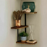 Rustic Corner Floating Shelf – 3-Tier Pinewood & Black Metal Rack