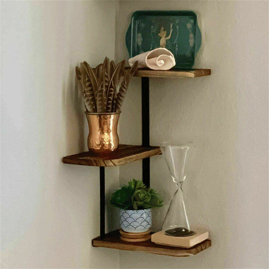Rustic Corner Floating Shelf – 3-Tier Pinewood & Black Metal Rack