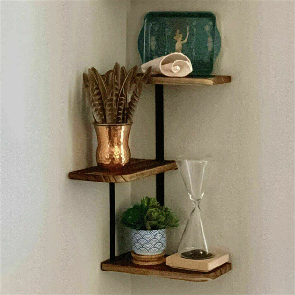 3-Tier Corner Floating Wall Shelf – Modern Wooden Display Shelving for Storage