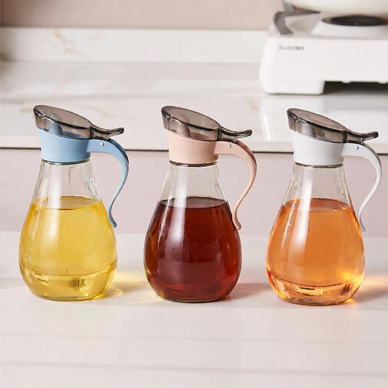 Lavish Kitchen Isle 380ml glass sauce dispenser with plastic top for oil, syrup, and condiments on a kitchen countertop