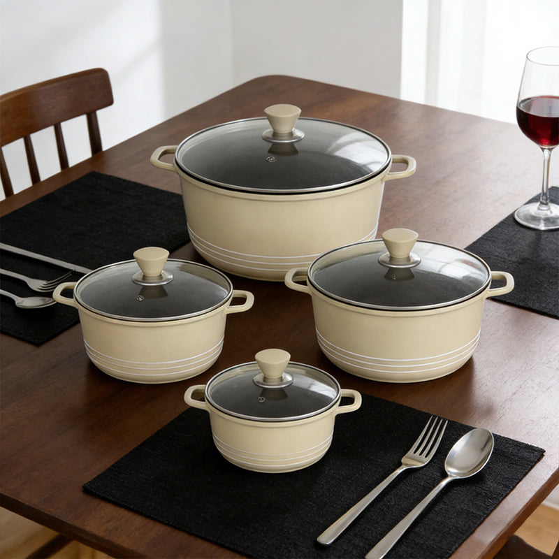 Lavish Kitchen Isle non-stick die-cast stockpot set with four cream cooking pots, perfect for versatile kitchen use.