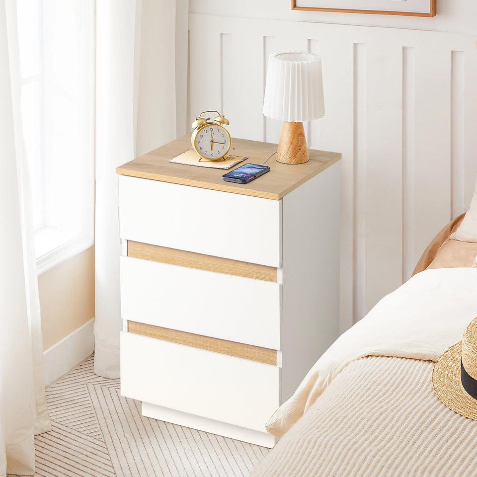 White & Oak Effect 3-Drawer Bedside Table – Modern Handleless Nightstand for Bedroom Storage