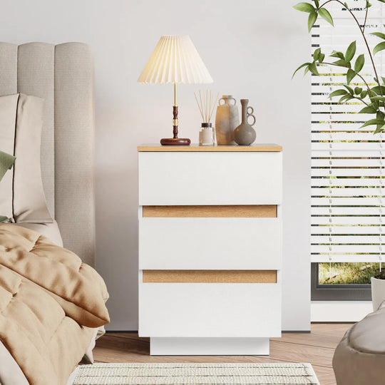 Modern 3 Drawer Bedside Table – White and Oak Effect Minimalist Storage