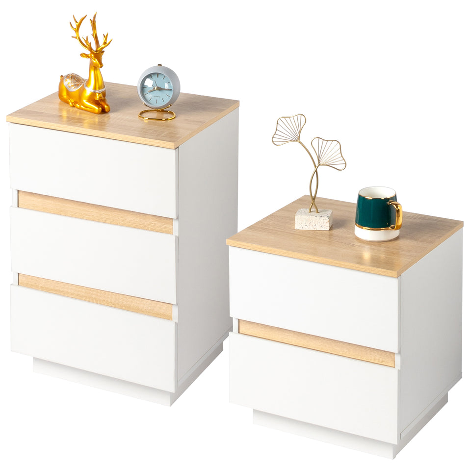 White & Oak Effect 3-Drawer Bedside Table – Modern Handleless Nightstand for Bedroom Storage