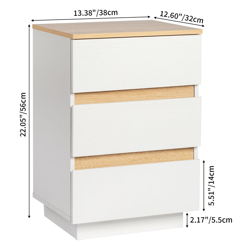 White & Oak Effect 3-Drawer Bedside Table – Modern Handleless Nightstand for Bedroom Storage