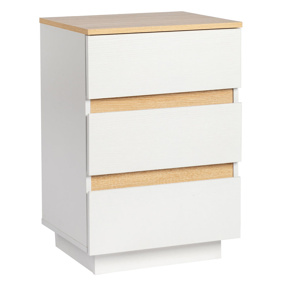 White & Oak Effect 3-Drawer Bedside Table – Modern Handleless Nightstand for Bedroom Storage