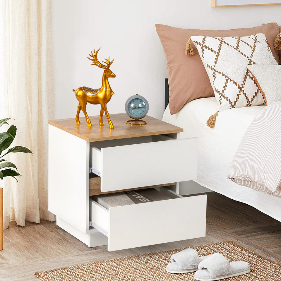 White & Oak Effect 2-Drawer Bedside Table – Compact Handleless Nightstand for Bedroom Storage