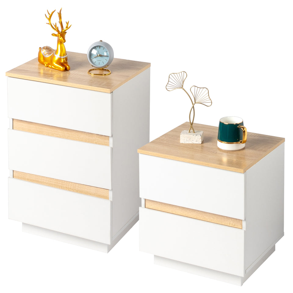 White & Oak Effect 2-Drawer Bedside Table – Compact Handleless Nightstand for Bedroom Storage