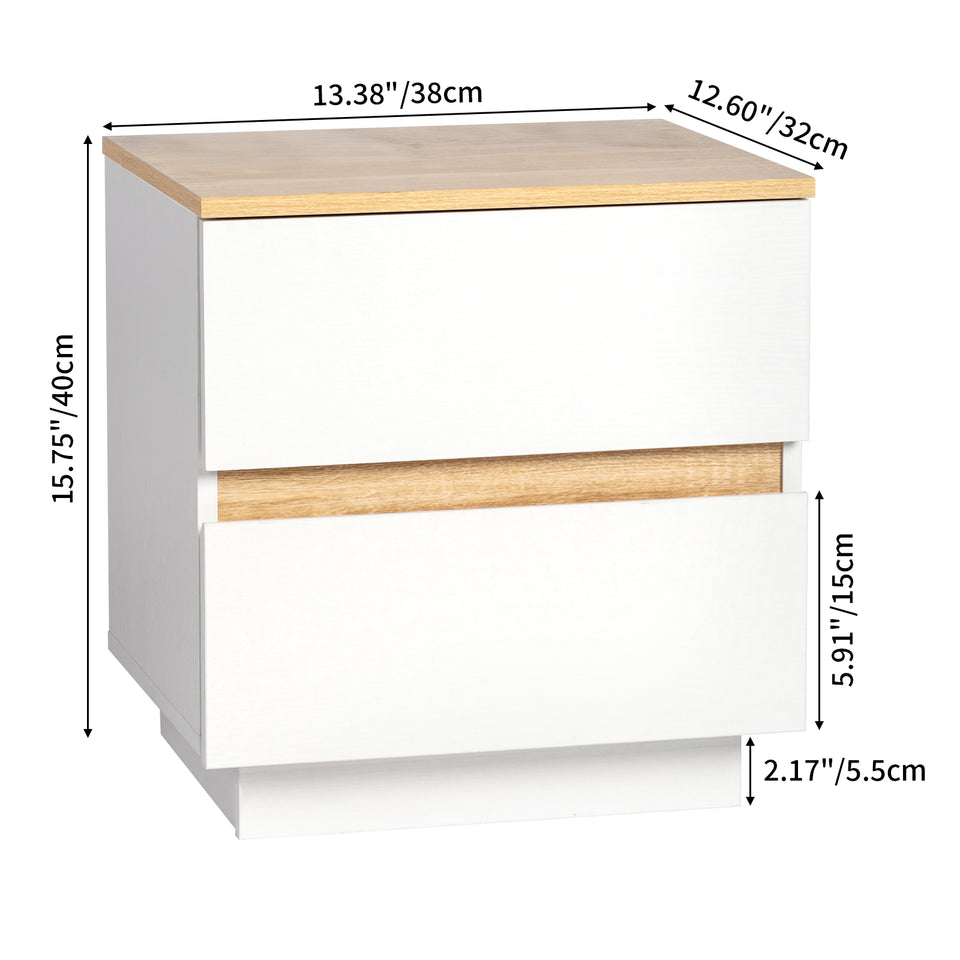 White & Oak Effect 2-Drawer Bedside Table – Compact Handleless Nightstand for Bedroom Storage