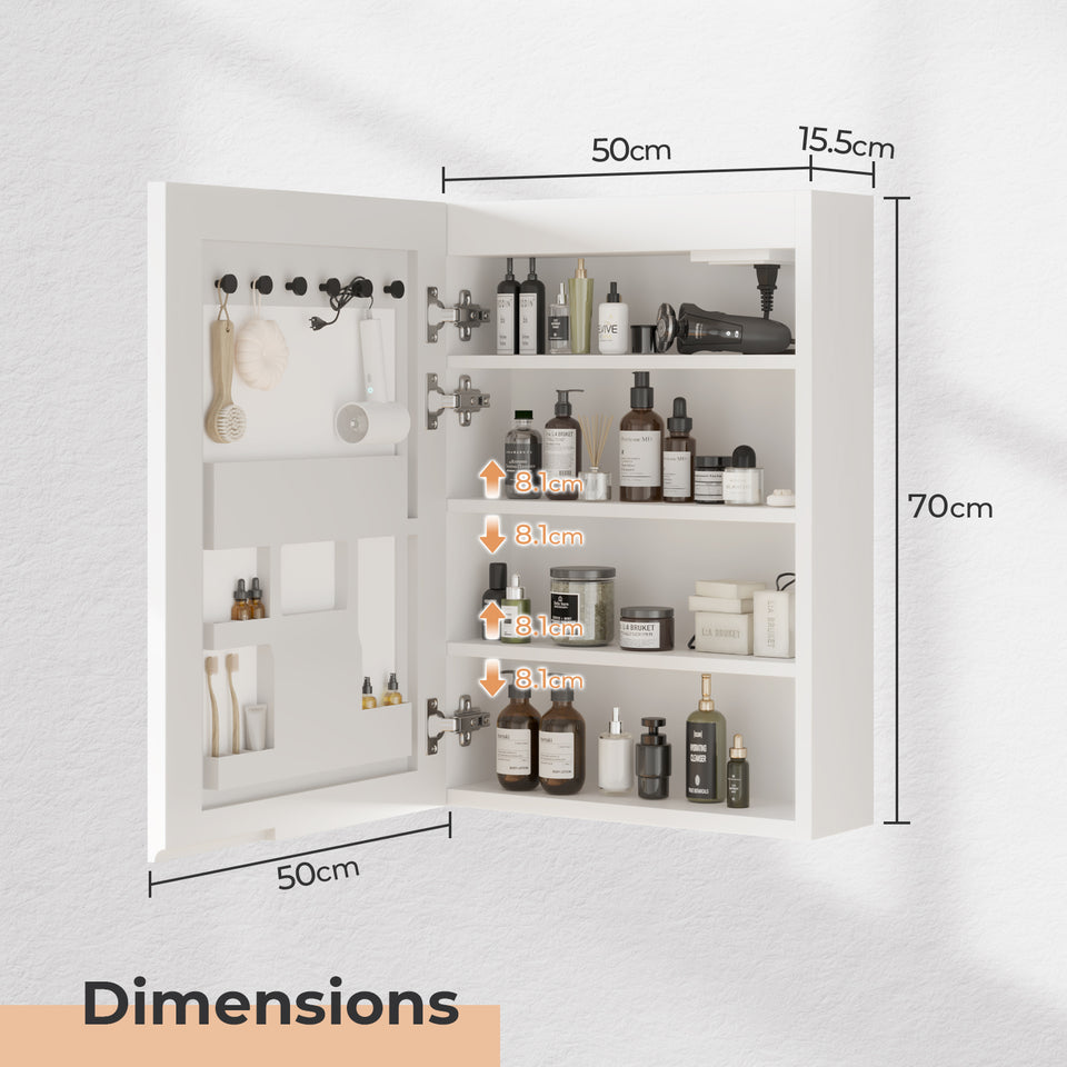 White LED Bathroom Mirror Cabinet – 20x28" Wall-Mounted Storage with Adjustable Lighting, Time and Temperature Display 1 Door, 4 Shelves