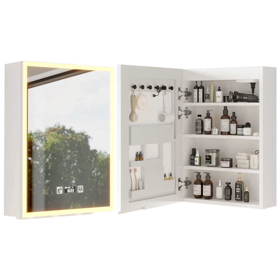 White LED Bathroom Mirror Cabinet – 20x28" Wall-Mounted Storage with Adjustable Lighting, Time and Temperature Display 1 Door, 4 Shelves