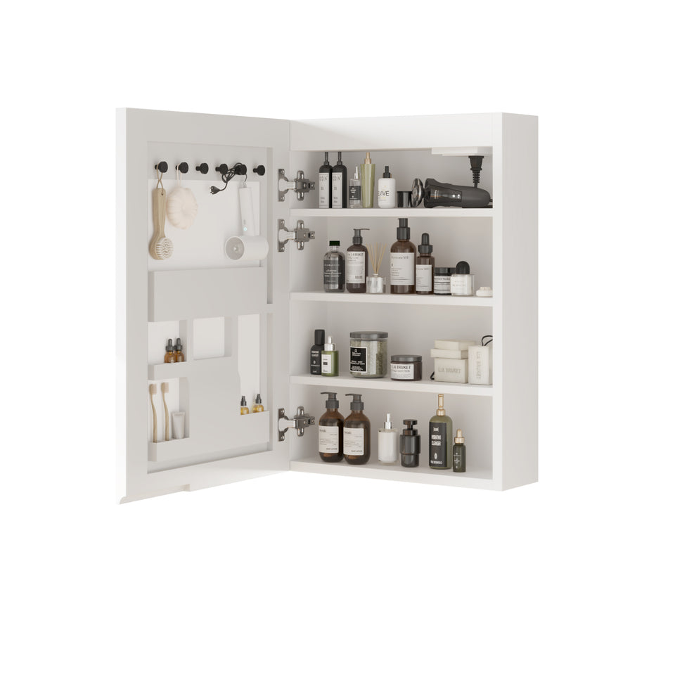 White LED Bathroom Mirror Cabinet – 20x28" Wall-Mounted Storage with Adjustable Lighting, Time and Temperature Display 1 Door, 4 Shelves