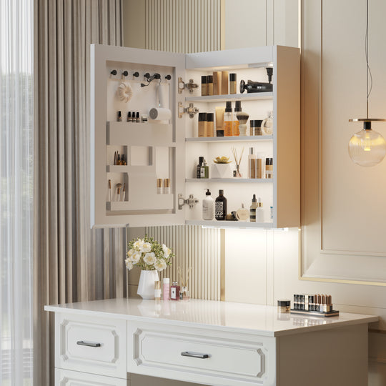Modern LED Mirror Bathroom Cabinet with Shelves, USB Ports, and Time Display