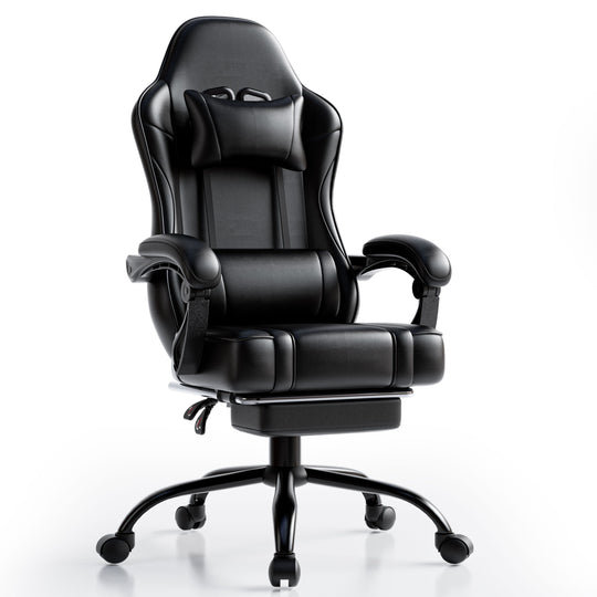 Ergonomic Gaming Chair with Footrest - Black Faux Leather Reclining PC Desk Chair