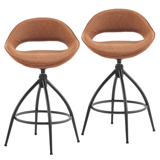 Set of 2 Swivel Bar Stools - Mid-Century Modern Counter Height Chairs (Brown PU Leather & Black Legs)