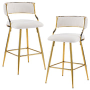 Set of 2 Velvet Bar Stools - Off-White Ribbed Counter Height Chairs with Gold Legs