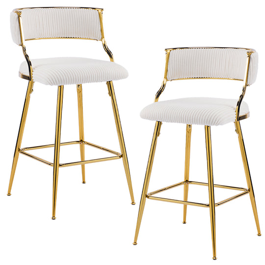 Set of 2 Velvet Bar Stools - Off-White Ribbed Counter Height Chairs with Gold Legs