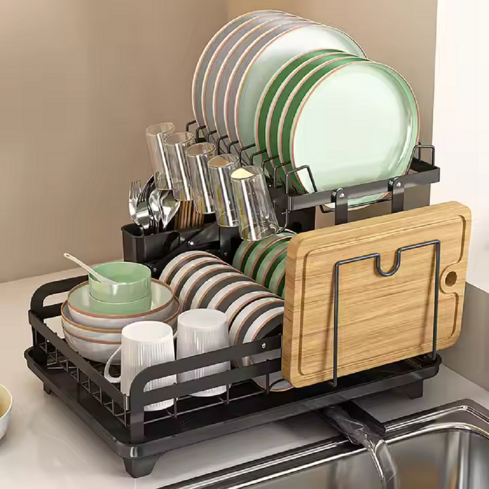 2-Tier Dish Drying Rack with Drainboard & Swivel Spout - Black Carbon Steel Dish Drainer