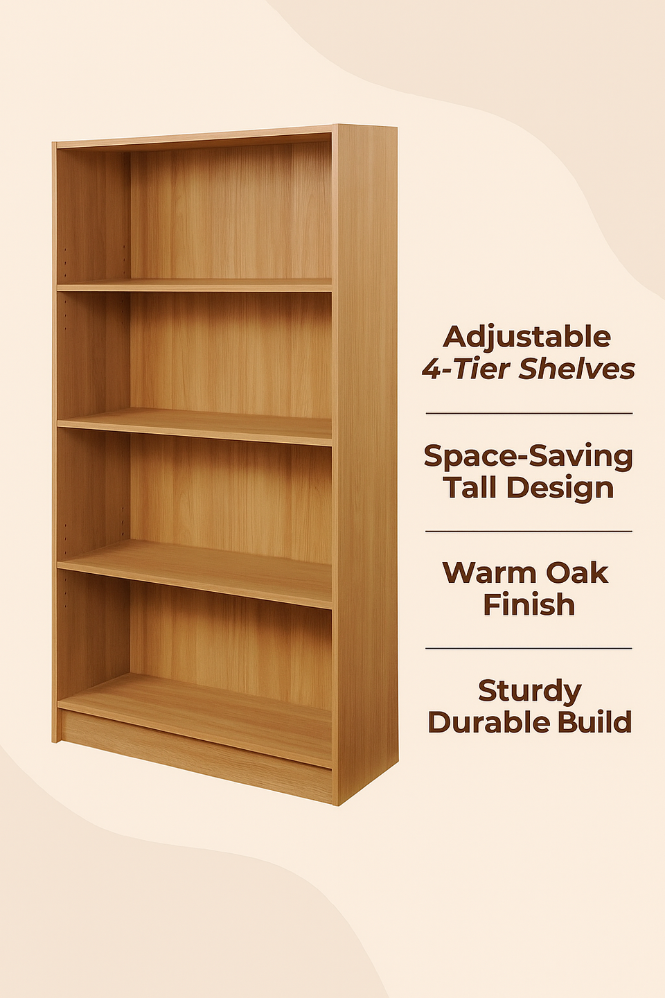 Tall Oak Bookcase with 4 Adjustable Shelves – Modern Home Storage