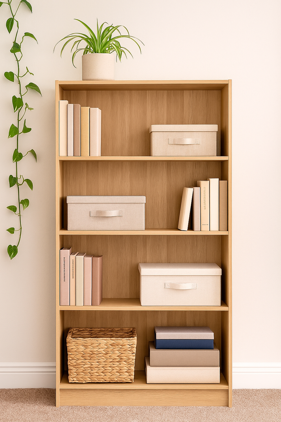 Tall Oak Bookcase with 4 Adjustable Shelves – Modern Home Storage