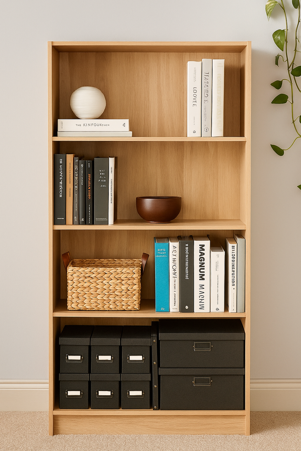 Tall Oak Bookcase with 4 Adjustable Shelves – Modern Home Storage