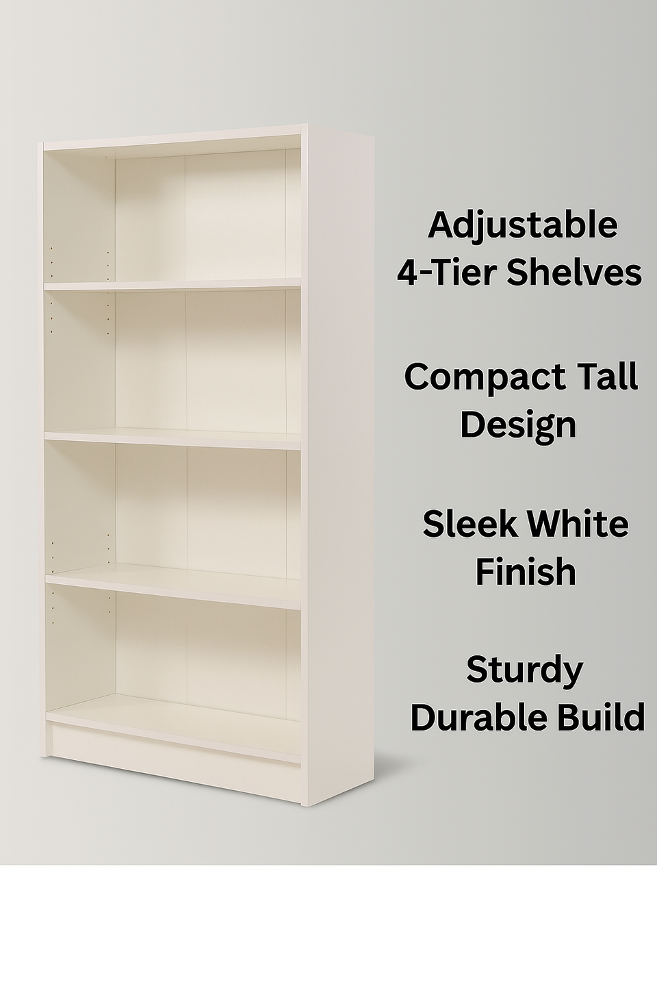 Tall White Bookcase with 4-Tier Adjustable Bookshelf Shelving – Storage Unit for Living Room or Home Office