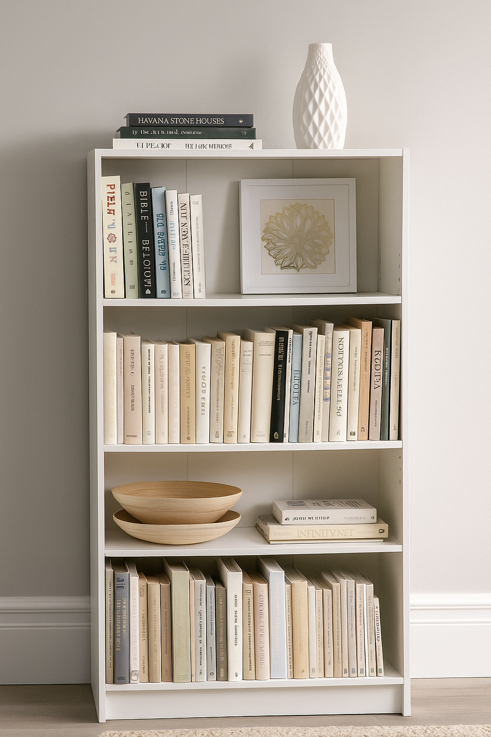 Tall White Bookcase with 4-Tier Adjustable Bookshelf Shelving – Storage Unit for Living Room or Home Office