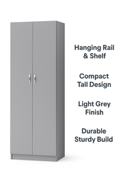 Light grey 2-door wardrobe by Lavish Kitchen Isle featuring hanging rail and shelf for modern bedroom storage.