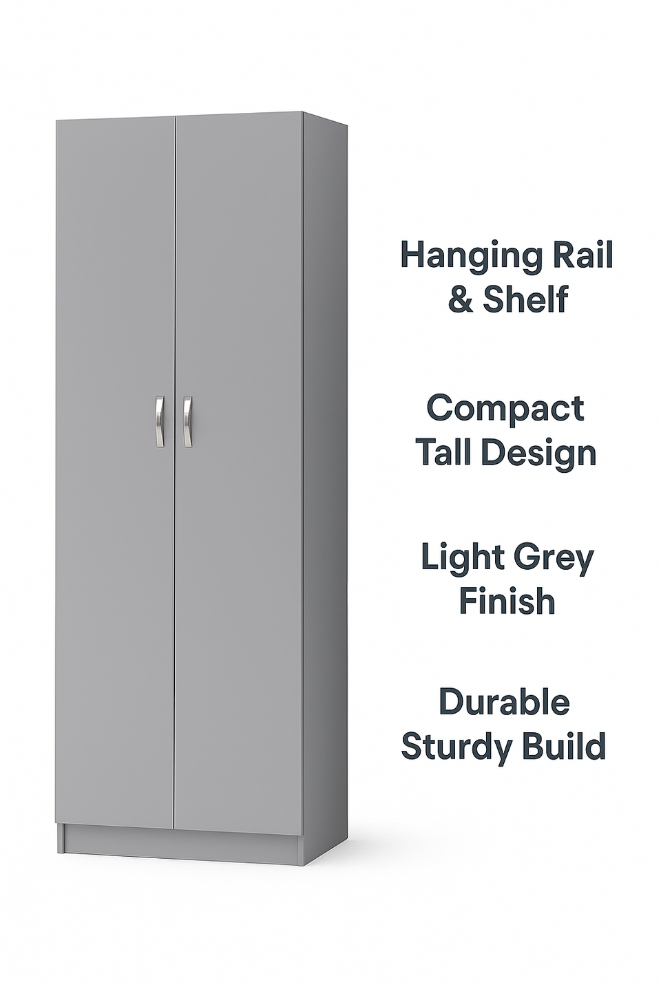 2-Door Light Grey Wardrobe with Hanging Rail and Shelf – Modern Bedroom Storage