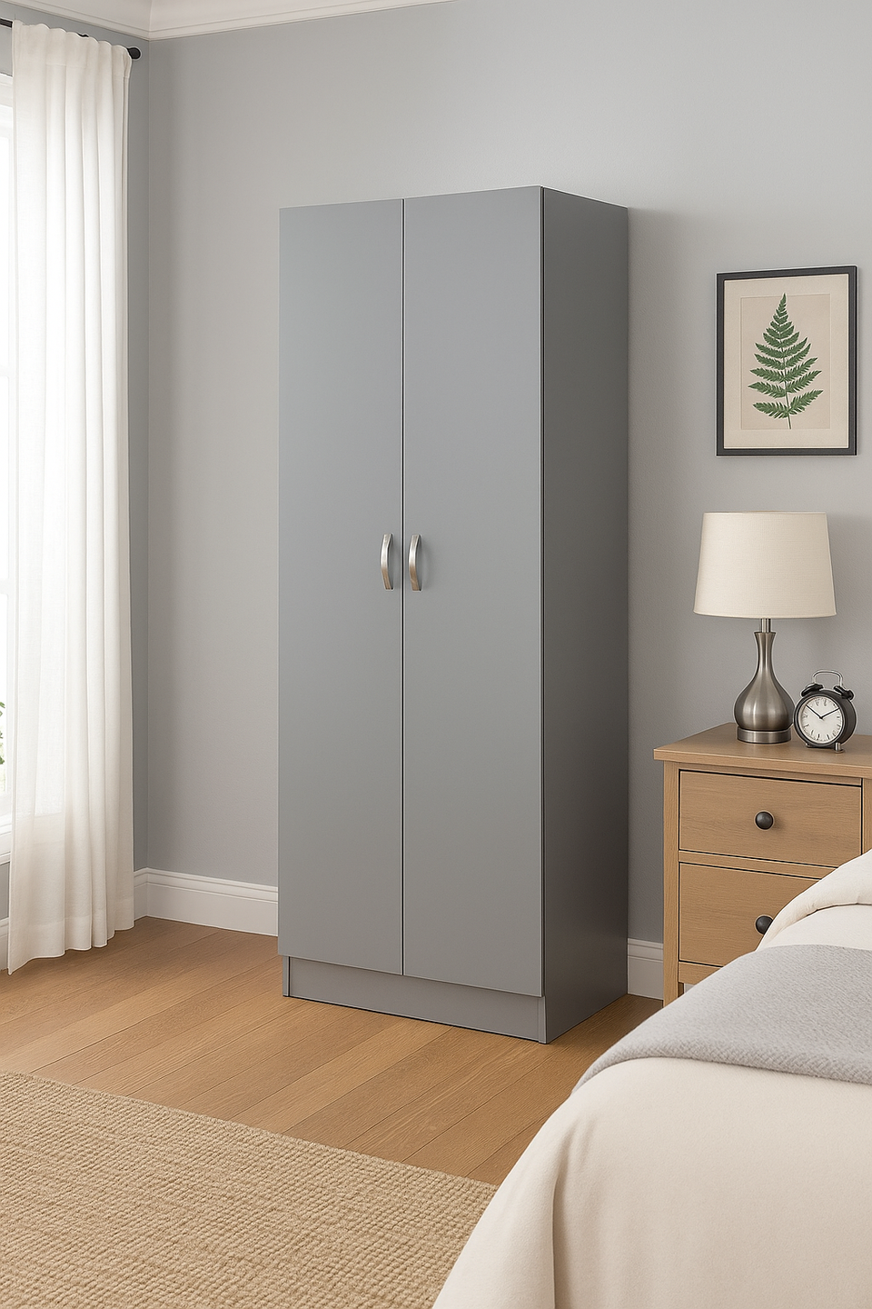 2-Door Light Grey Wardrobe with Hanging Rail and Shelf – Modern Bedroom Storage