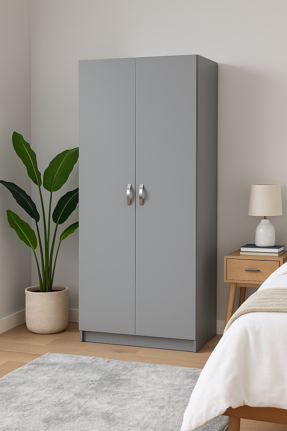 2-Door Light Grey Wardrobe with Hanging Rail and Shelf – Modern Bedroom Storage