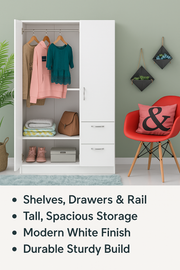 Modern white wardrobe with three doors, hanging rail, shelves, and drawers for bedroom storage by Lavish Kitchen Isle.