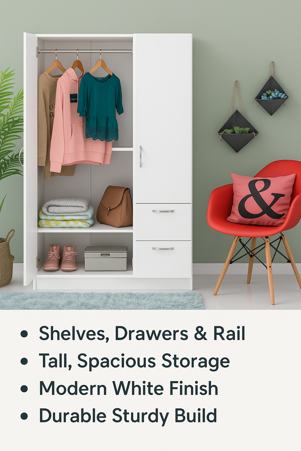 3-Door White Wardrobe with Hanging Rail, Shelves, and Drawers – Modern Bedroom Storage
