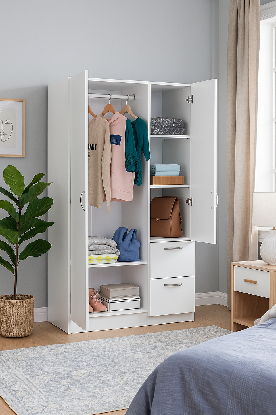3-Door White Wardrobe with Hanging Rail, Shelves, and Drawers – Modern Bedroom Storage