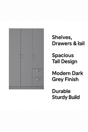 Modern dark grey wardrobe with three doors, hanging rail, shelves, and drawers, featuring sleek design for bedroom storage.
