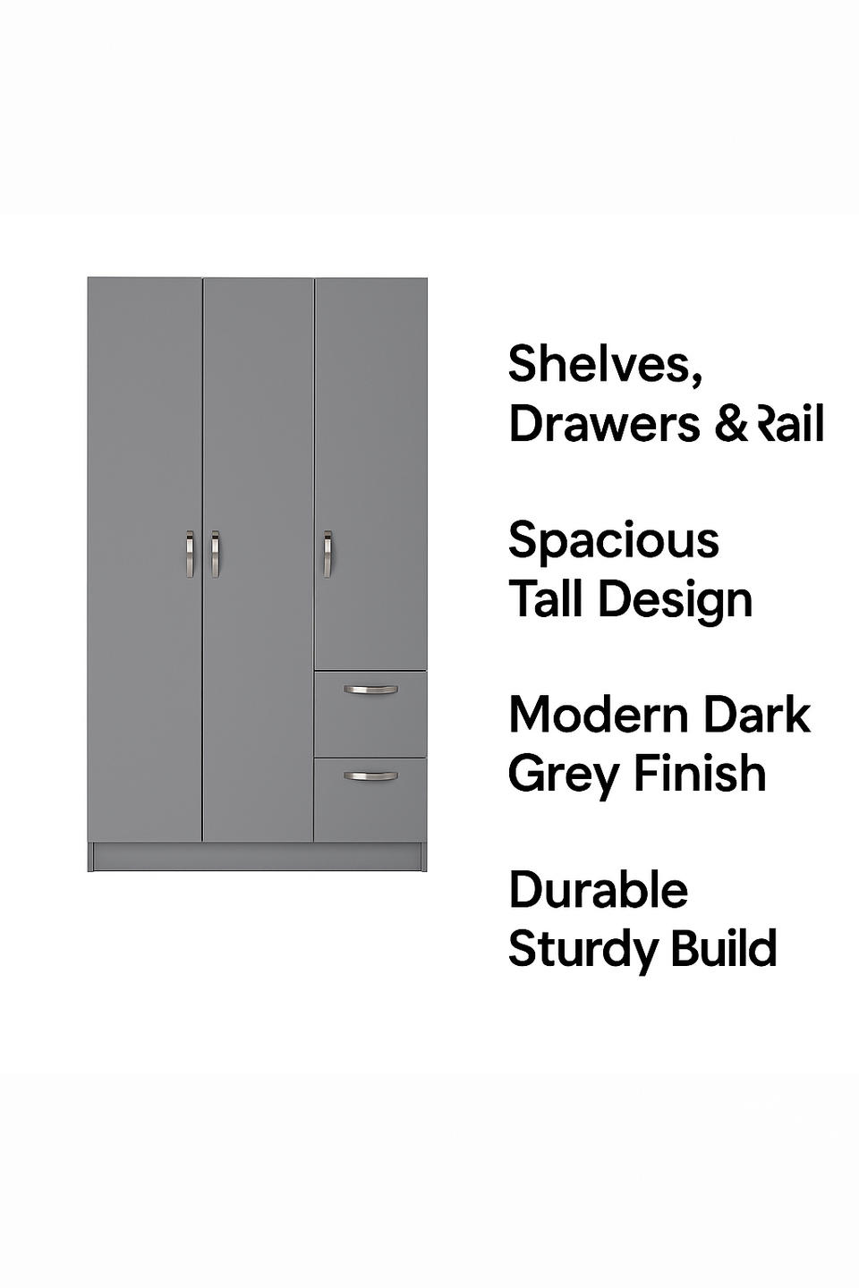 3-Door Dark Grey Wardrobe with Hanging Rail, Shelves, and Drawers – Modern Bedroom Storage