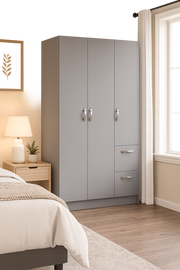 Dark grey Lavish Kitchen Isle 3-door wardrobe with hanging rail, shelves, and drawers for modern bedroom storage.
