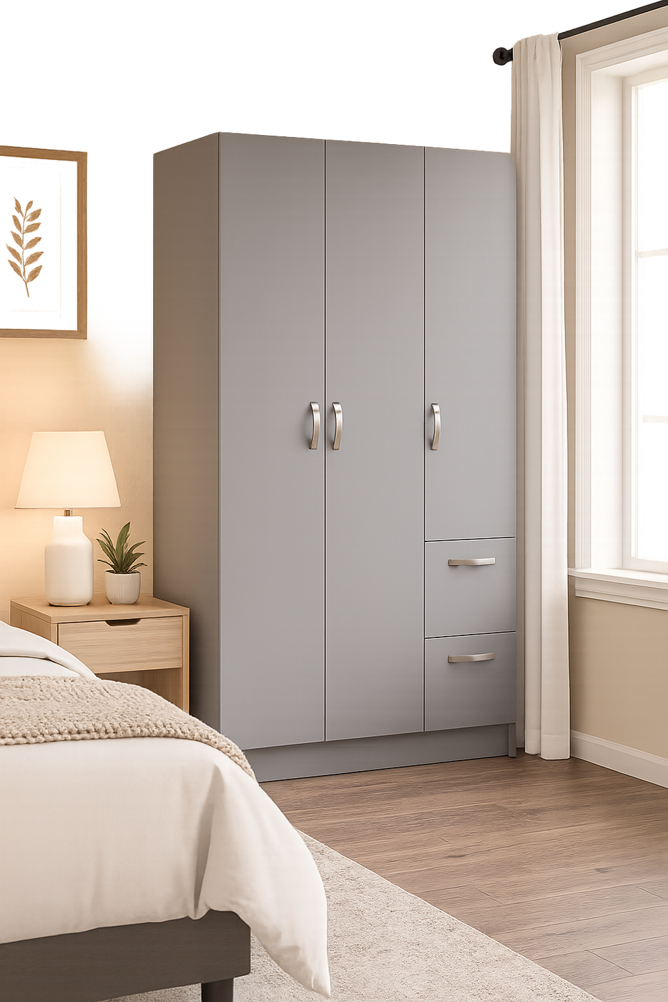 3-Door Dark Grey Wardrobe with Hanging Rail, Shelves, and Drawers – Modern Bedroom Storage