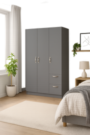 Dark grey Lavish Kitchen Isle wardrobe with 3 doors, hanging rail, shelves, and drawers for modern bedroom storage.
