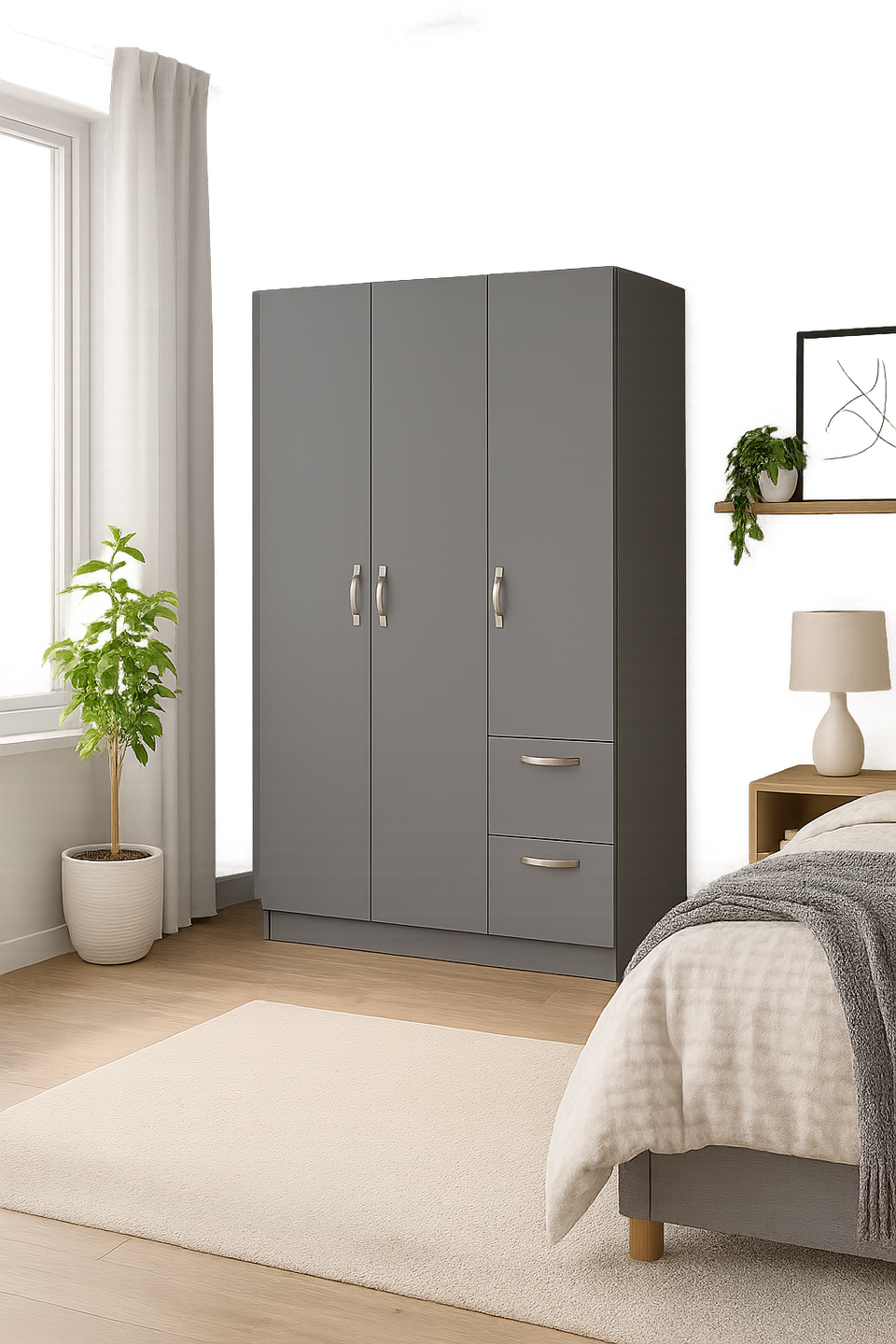 3-Door Dark Grey Wardrobe with Hanging Rail, Shelves, and Drawers – Modern Bedroom Storage