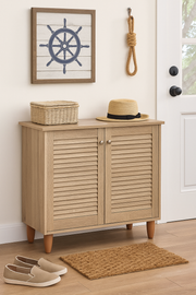 Lavish Kitchen Isle 2-door Sonoma Oak shoe cabinet with storage for up to 10 pairs, wooden finish, in a modern room setting.