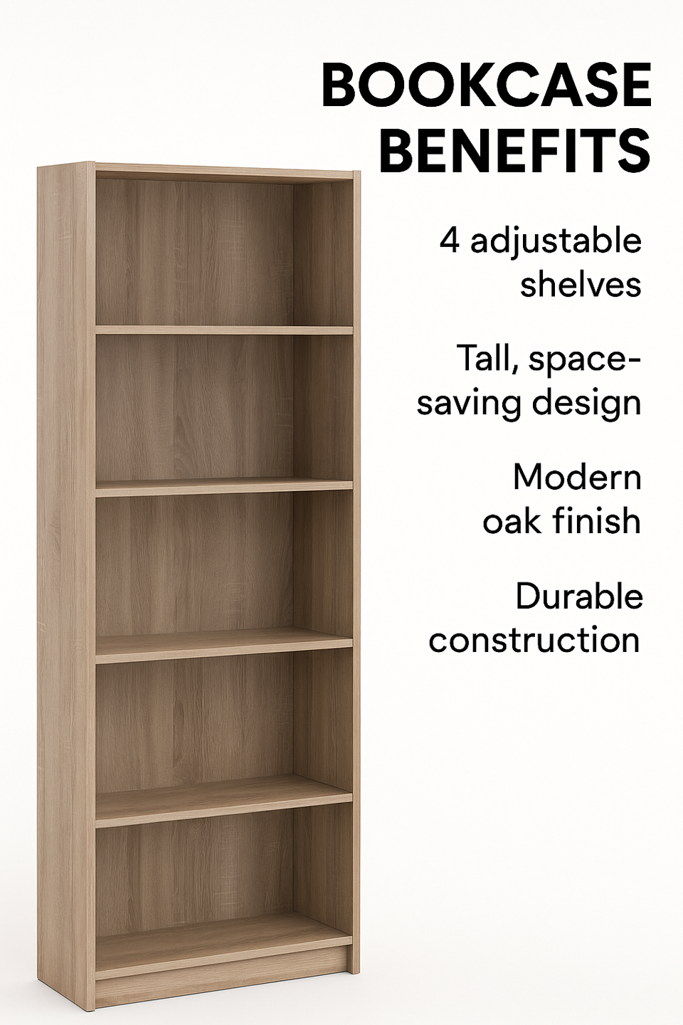 Tall Sonoma Oak Bookcase – 4 Adjustable Shelves for Home Storage
